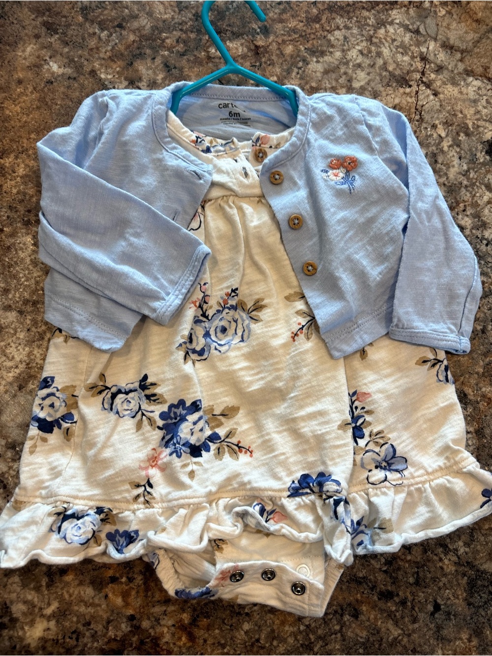 Carter's Cream Floral Dress with Light Blue Cardigan